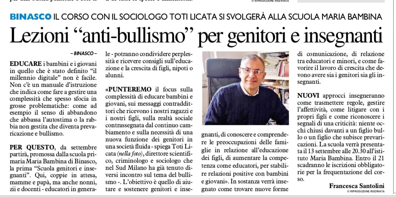 Ritaglio: Lezioni «anti-bullismo» per genitori e insegnanti